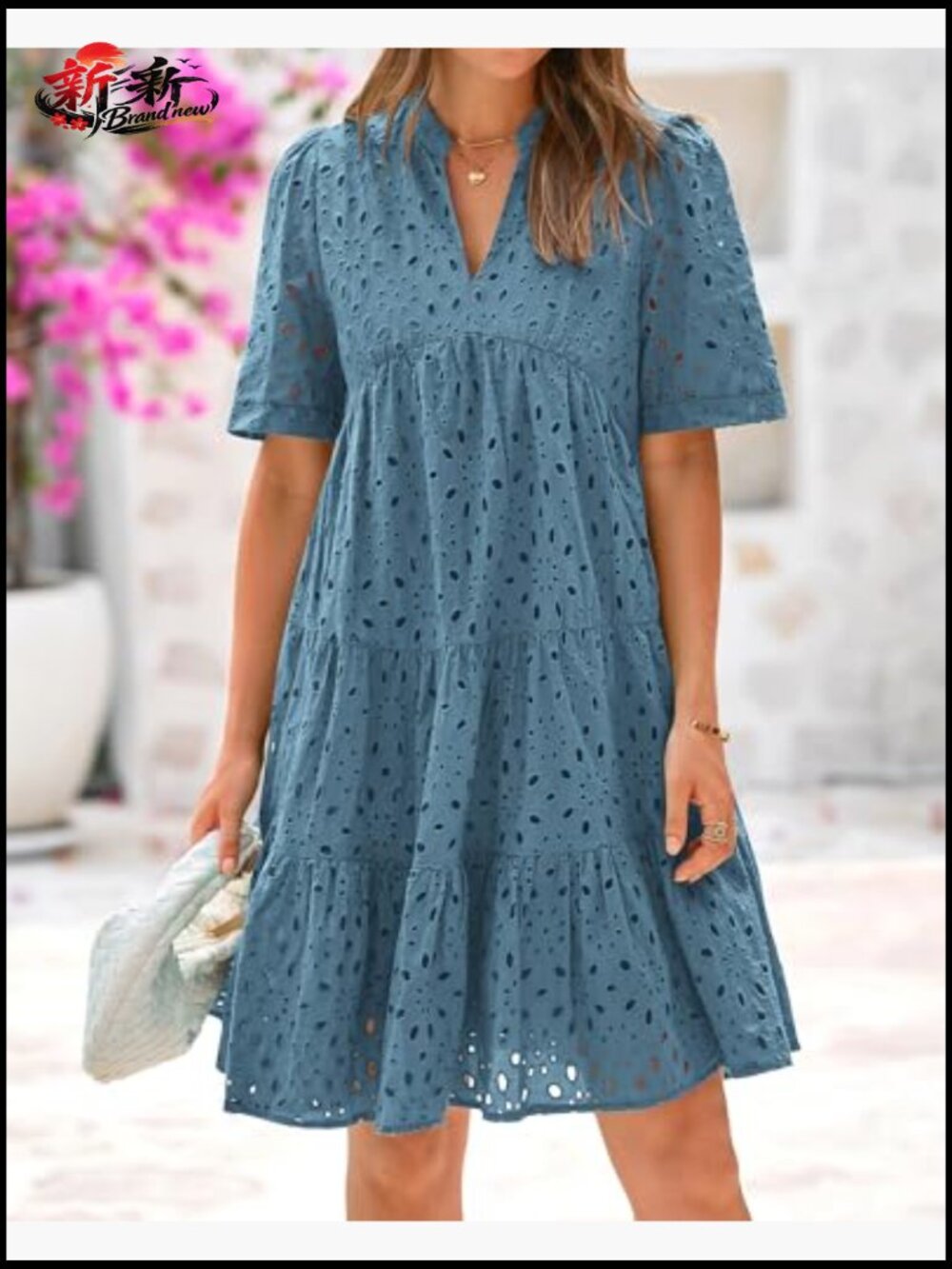 Boho V-Neck Mini Dress Short Sleeve Hollow Out Lace Ruffle Casual Beach - Picture 2 of 7